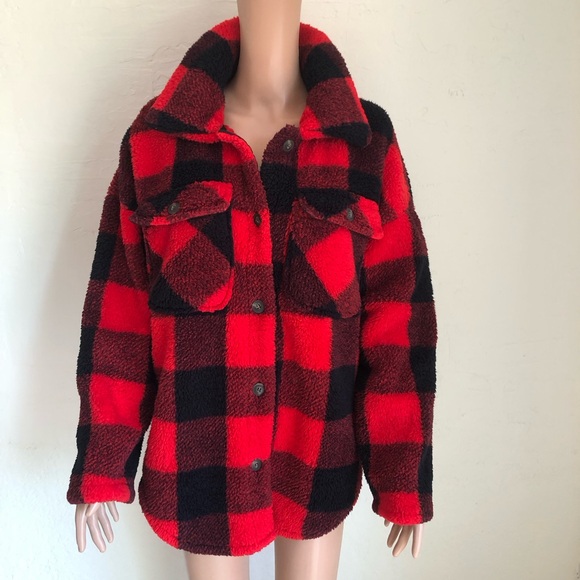 CI SONO Los Angeles Black/Red Checkered Flannel Fleece Jacket Women’s Size XL - Picture 3 of 16